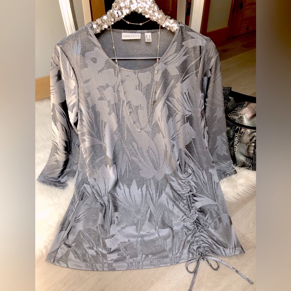 Susan Graver Silver Metallic Print Dressy Long Sleeve Top With Ruching Cinch Tie